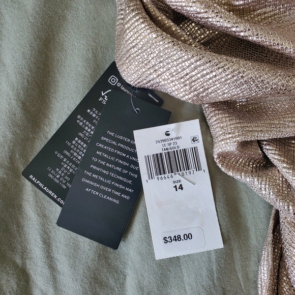 RALPH LAUREN | Gold Champagne Foil Print Jersey Cape Gown (Size 14) - Picture 13 of 15